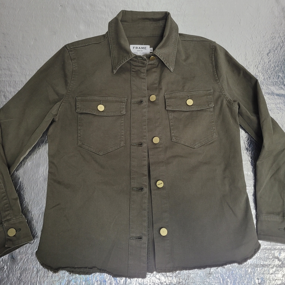 FRAME Women's Raw Hem Green Shirt Jacket Shacket Brass Snap Button Size Small